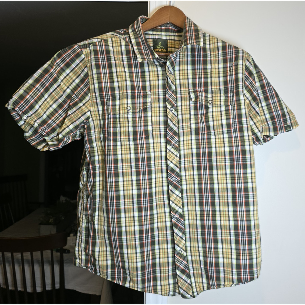 prAna Men’s L Green Yellow Plaid Organic Cotton Snap Button Short Sleeve Shirt